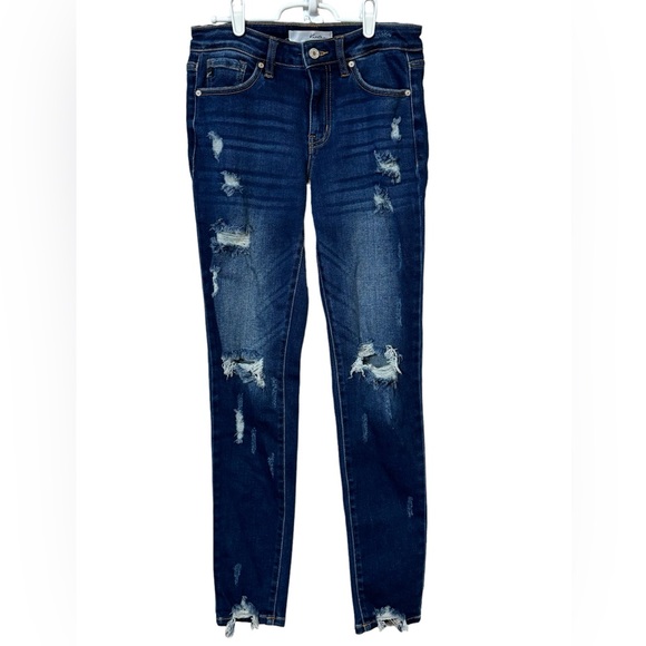 KanCan Women’s Mid Rise Distressed Skinny Jeans, 5/26, Dark Wash, - Picture 2 of 8